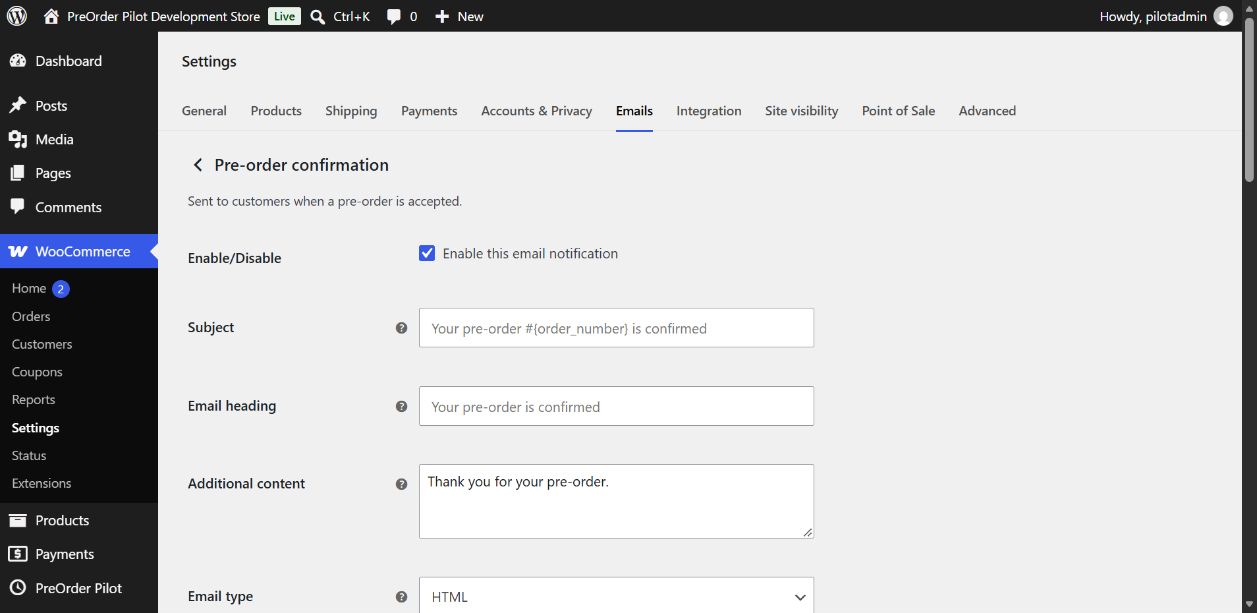 The Pre-order confirmation email under WooCommerce → Settings → Emails.