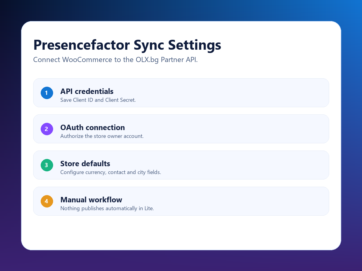 Settings screen for OAuth and store contact configuration.