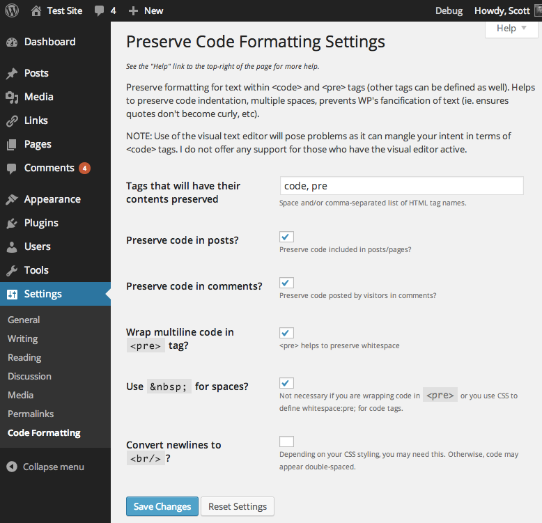 A screenshot of the plugin's admin options page.