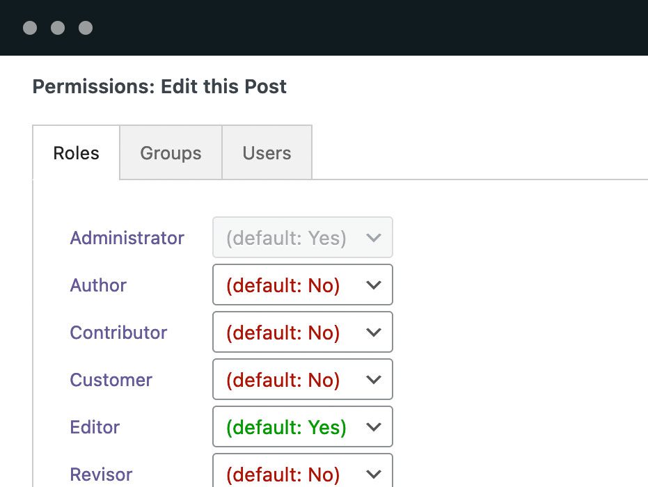 Custom editing permissions: Every post, page, and taxonomy term has a box where you can choose who can edit this content.