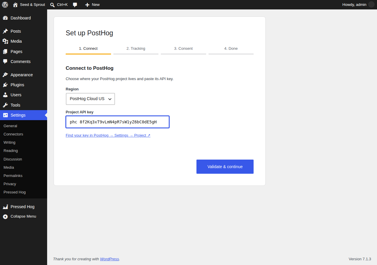 Setup wizard: connect your PostHog project and validate the API key.