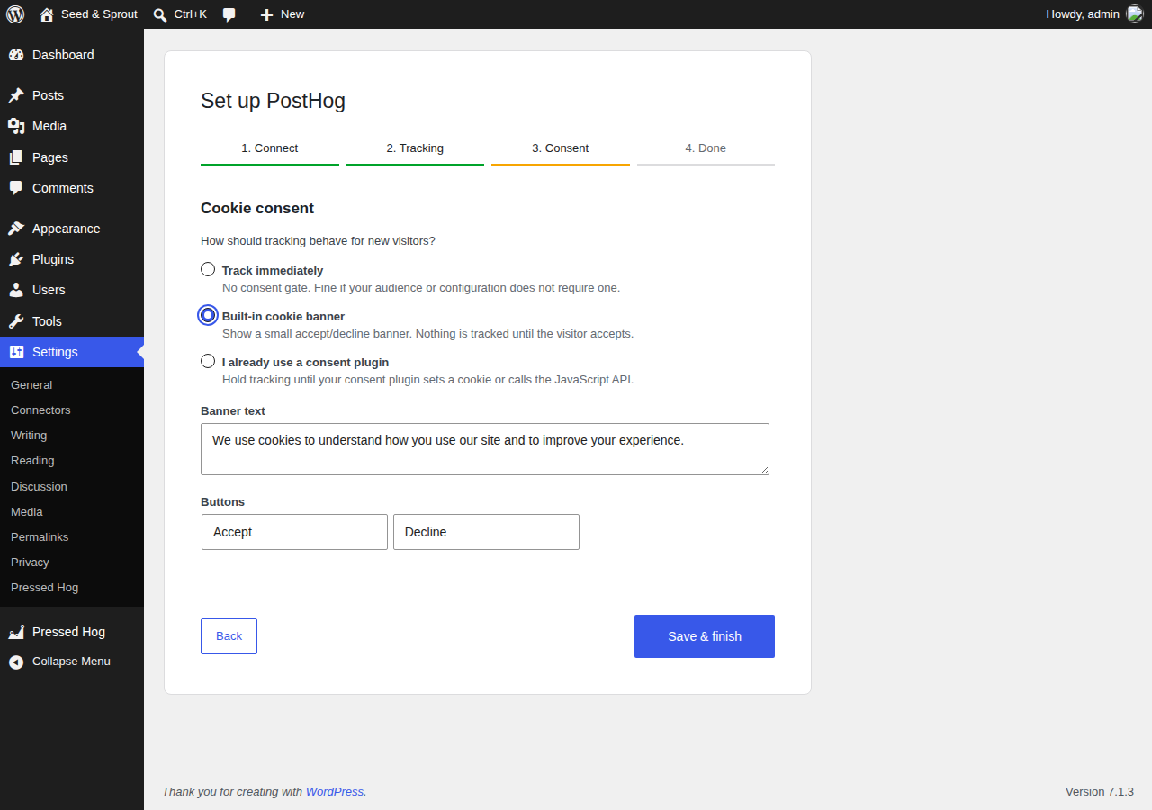 Setup wizard: choose how cookie consent is handled.