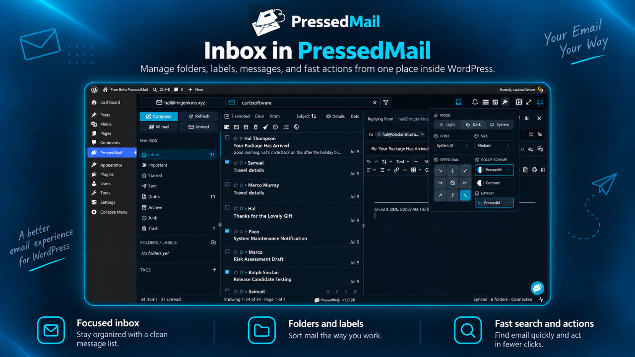 The inbox in the dashboard, with folders, labels, tags, search, the reading pane, and the appearance controls.