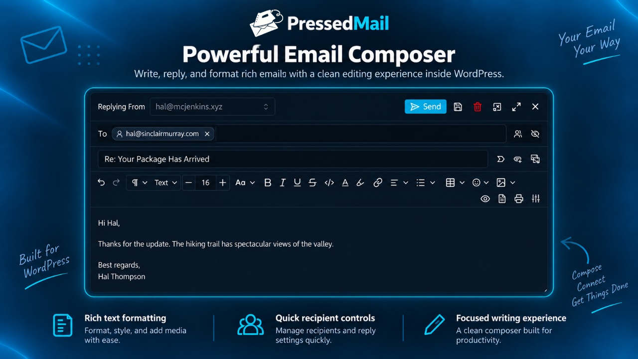Writing a message: rich text formatting, recipient controls, and nothing else competing for the screen.