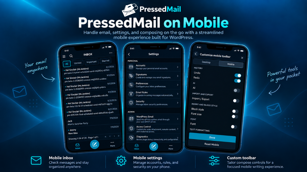 PressedMail on a phone: the mobile inbox, mobile settings, and a rearrangeable compose toolbar. The AI entries stay inactive without Pro.
