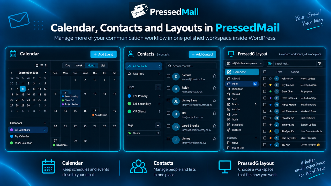 Calendar, contacts, and alternative layouts. These belong to PressedMail Pro, the separate paid plugin, not this download.