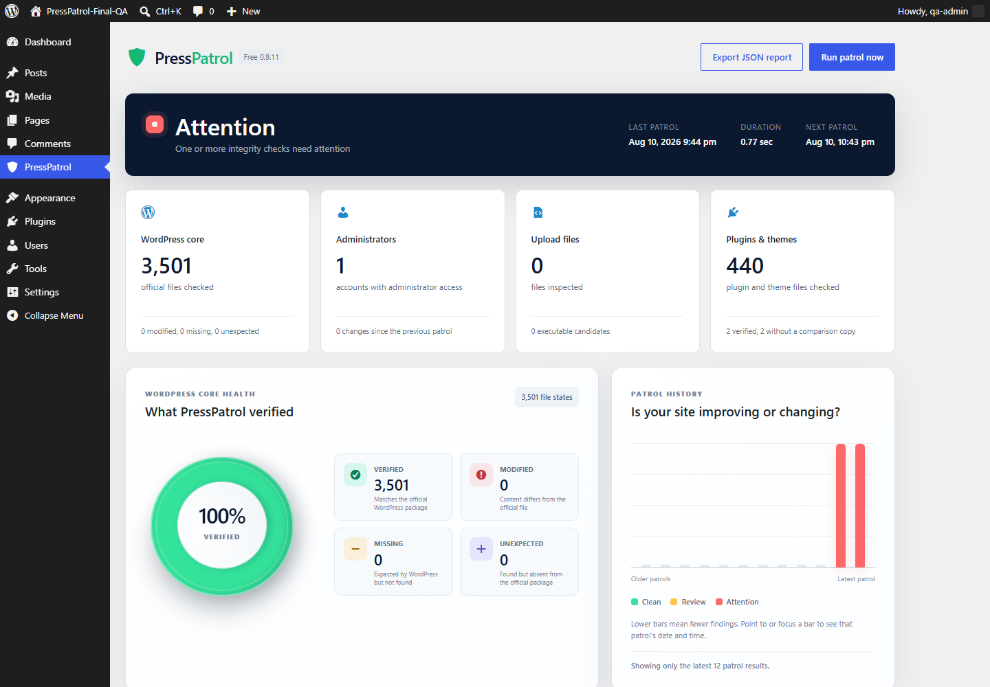 The main PressPatrol report summarizes core, administrator, upload, plugin, and theme integrity in one view.