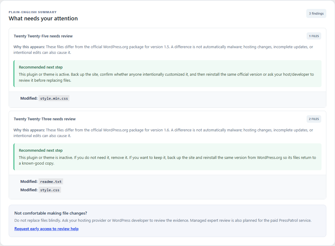 Plugin and theme findings explain why a file needs review and recommend a practical next step.