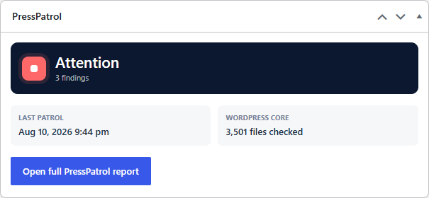 The WordPress Dashboard widget provides current status and a direct link to the complete report.