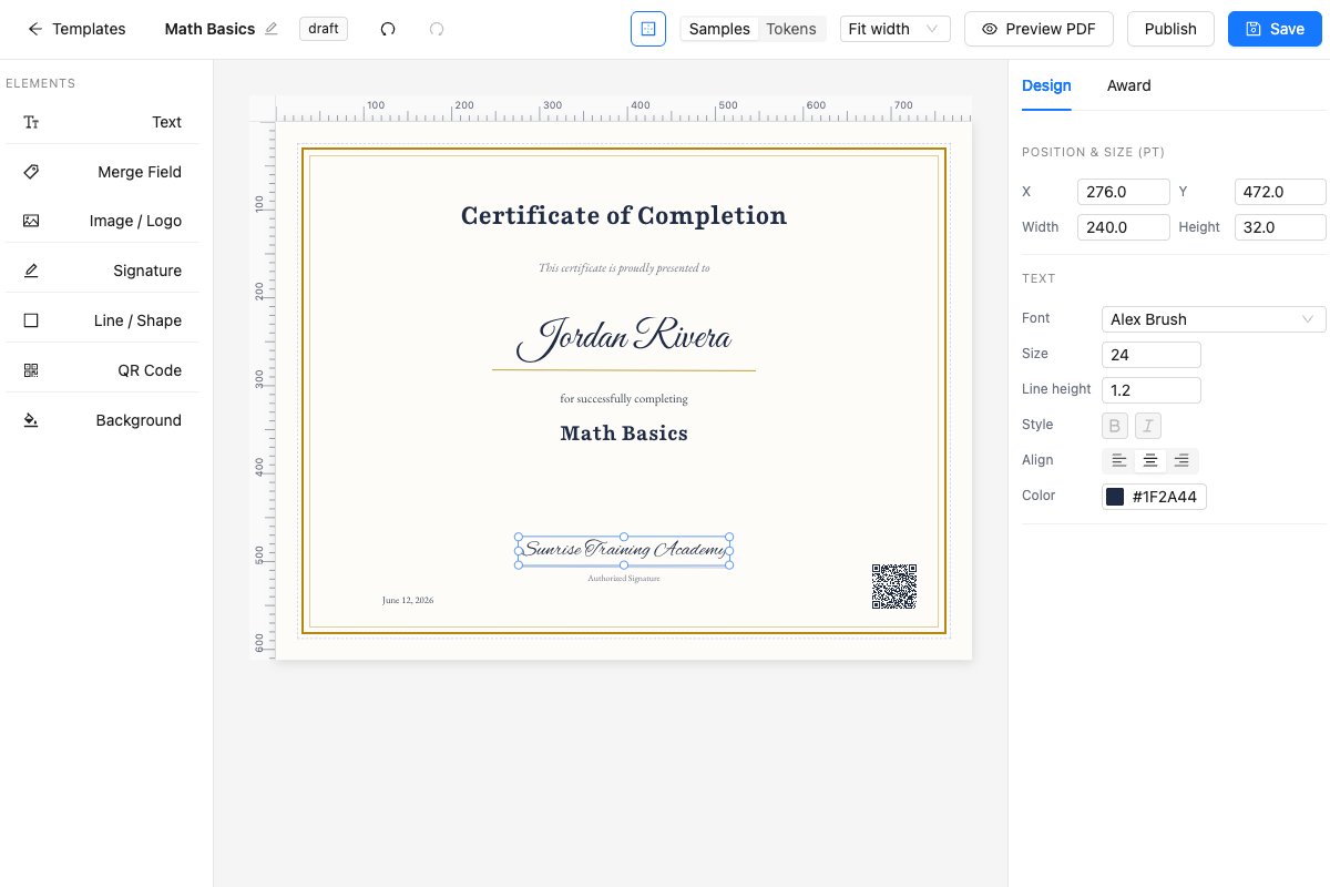 The certificate designer: a true-size canvas, element palette, and properties panel