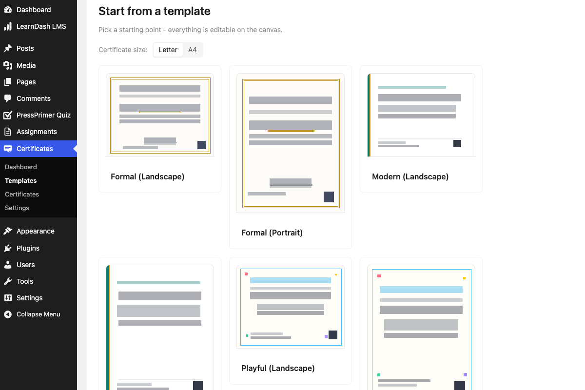 Starter template gallery with Letter and A4 variants