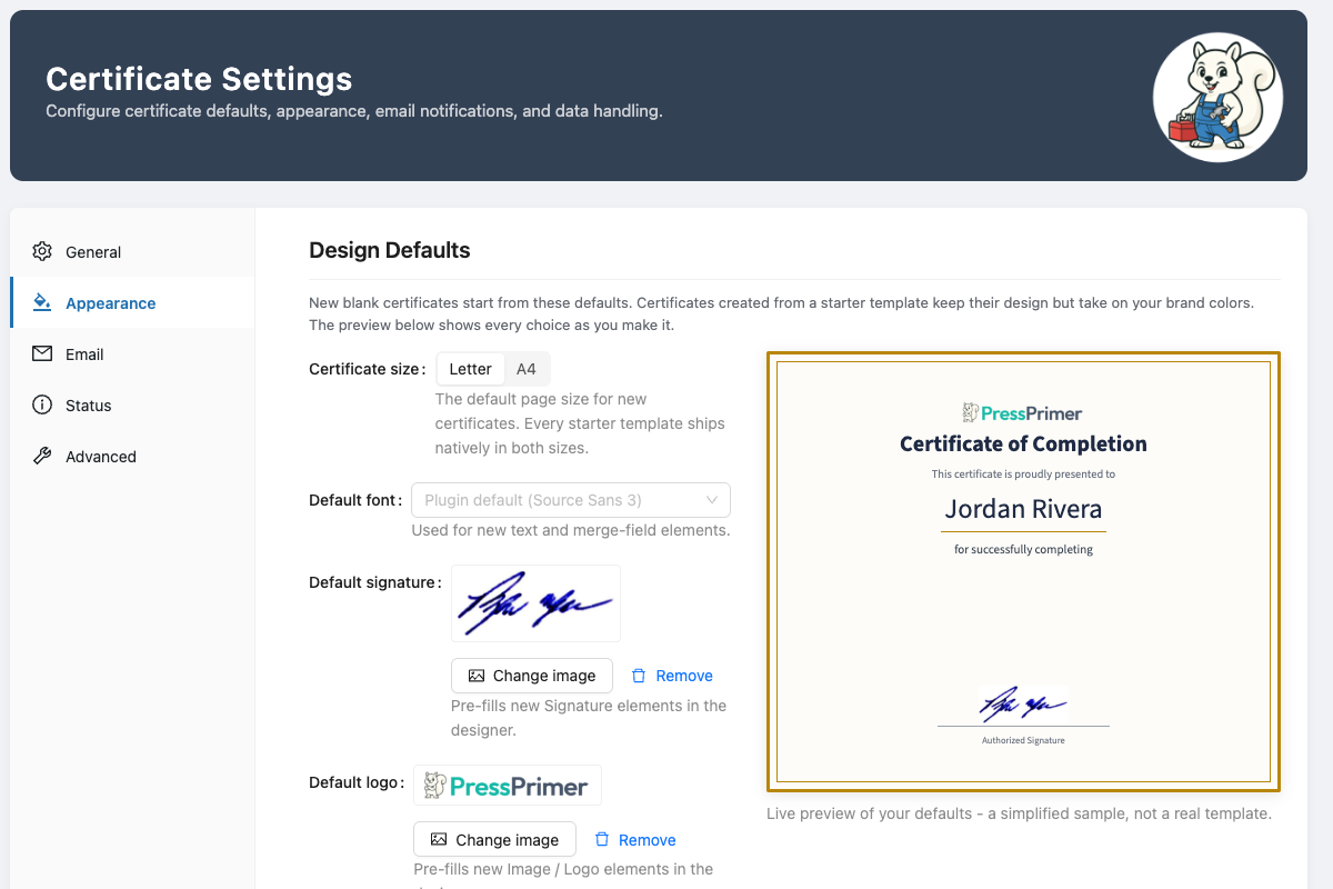 Design defaults: brand colors, logo, signature, and certificate size