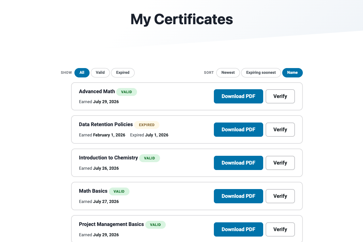 The My Certificates page where learners view, verify, and download their certificates