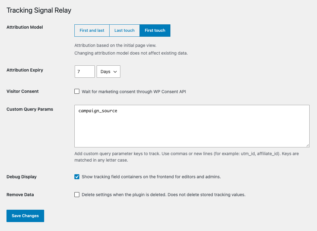 Settings screen with attribution model, expiry, and consent options.