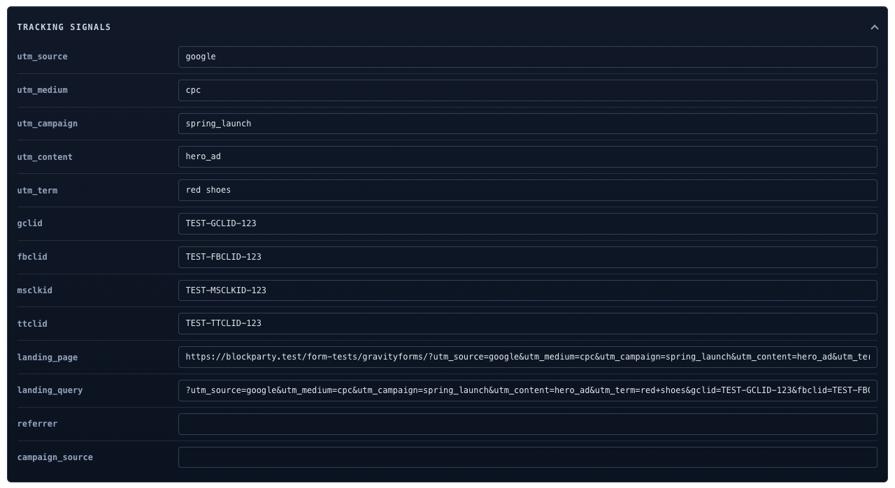 Debug display on a front-end form showing captured tracking values.