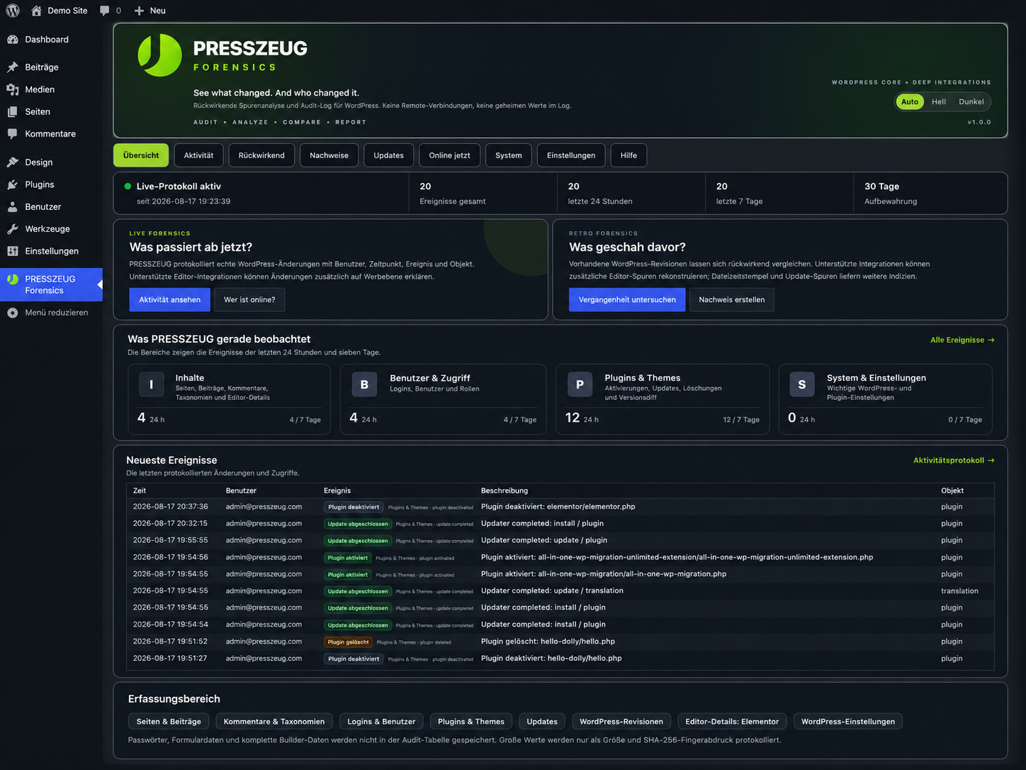 Overview dashboard with live and retrospective forensics, recent events, and monitored areas.