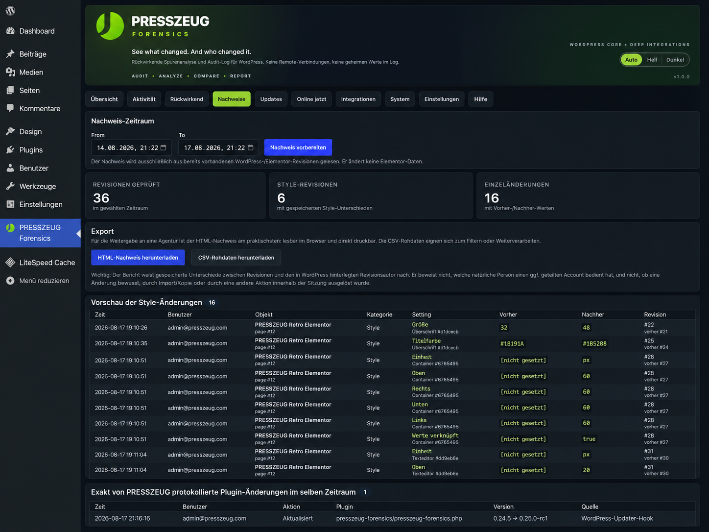 Evidence view for comparing revision details and preparing HTML or CSV exports.