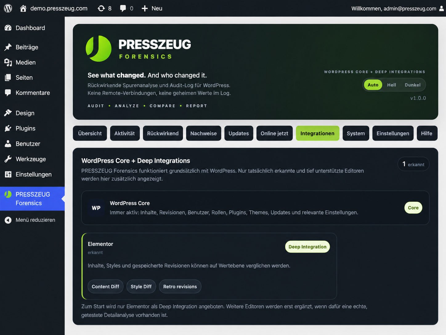 Integrations view showing WordPress Core and detected optional Deep Integrations such as Elementor.