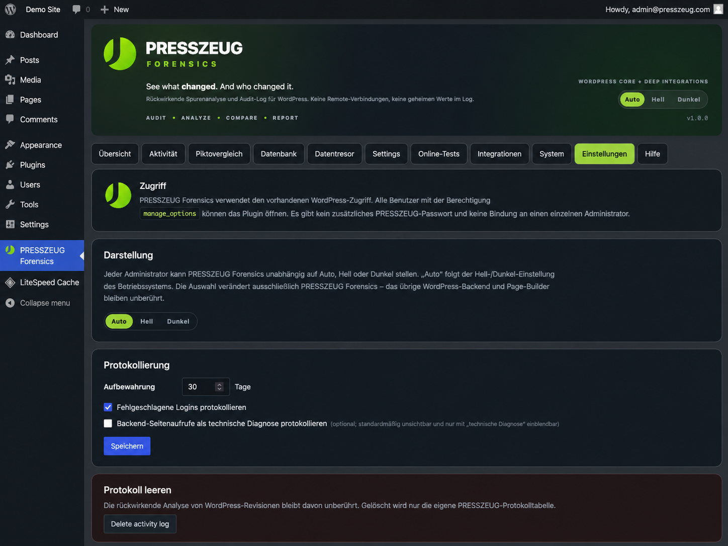 Settings for retention, appearance, diagnostics, and other PRESSZEUG Forensics preferences.