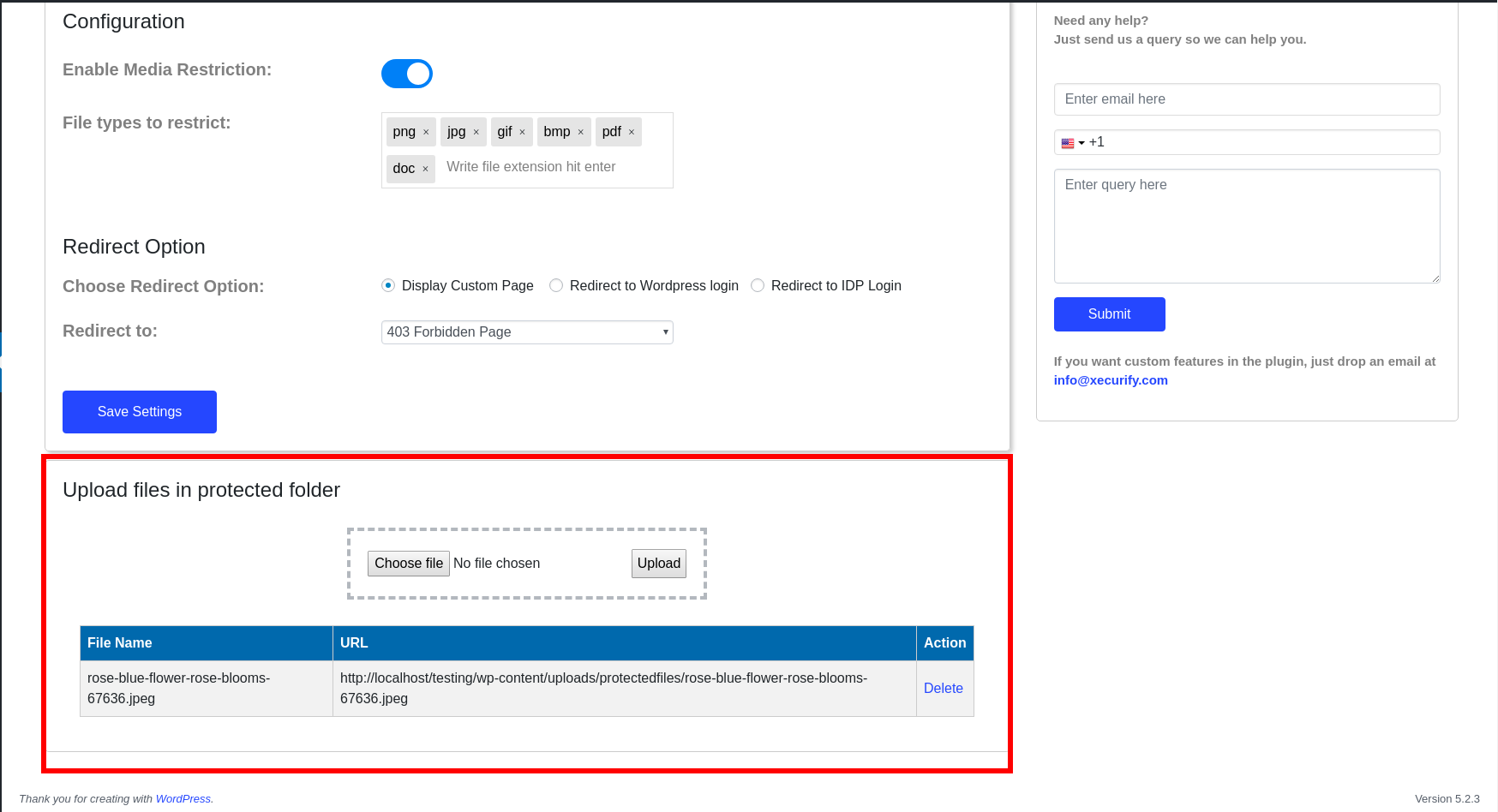 Upload files in protected folder