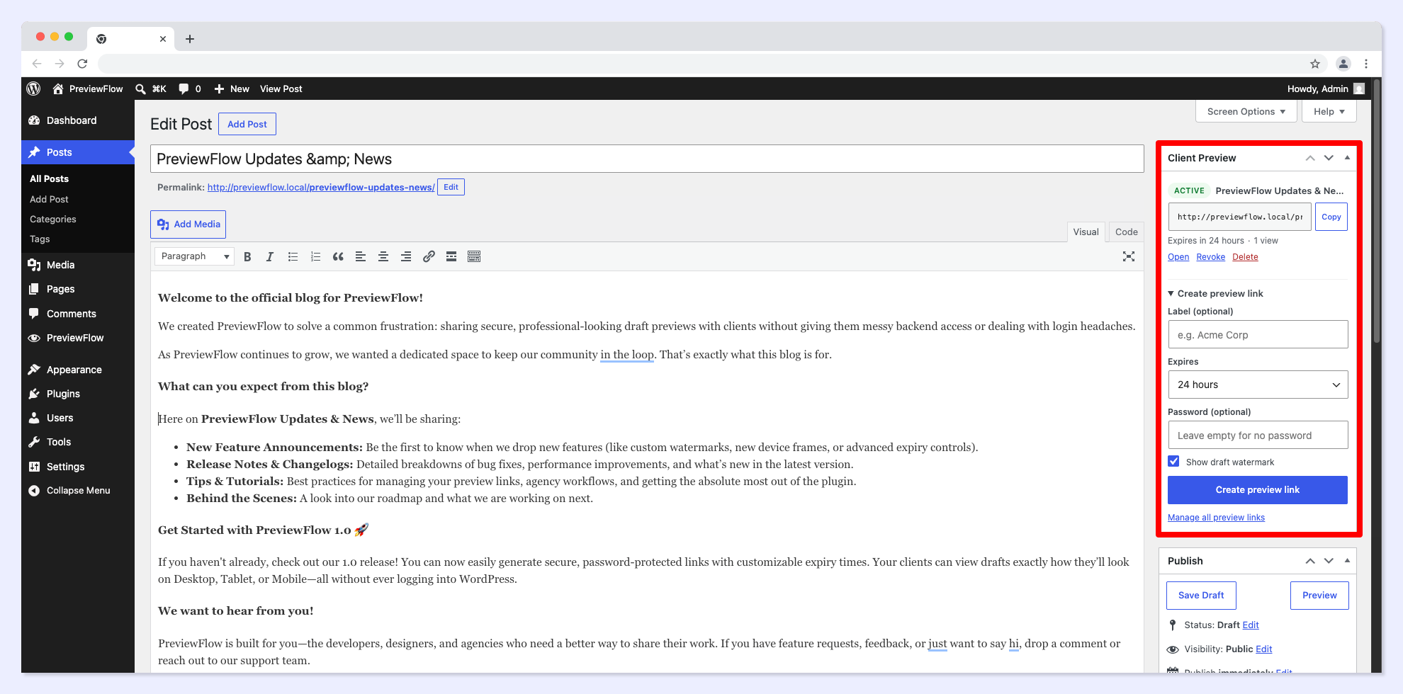 The Client Preview panel in the editor — create a link, set an expiry, add a password.
