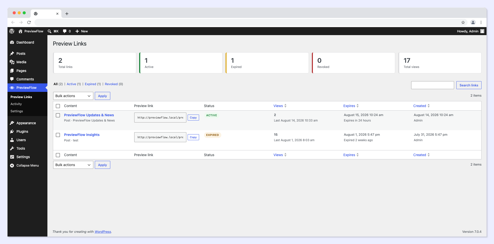 The preview links dashboard with status, expiry and view counts.