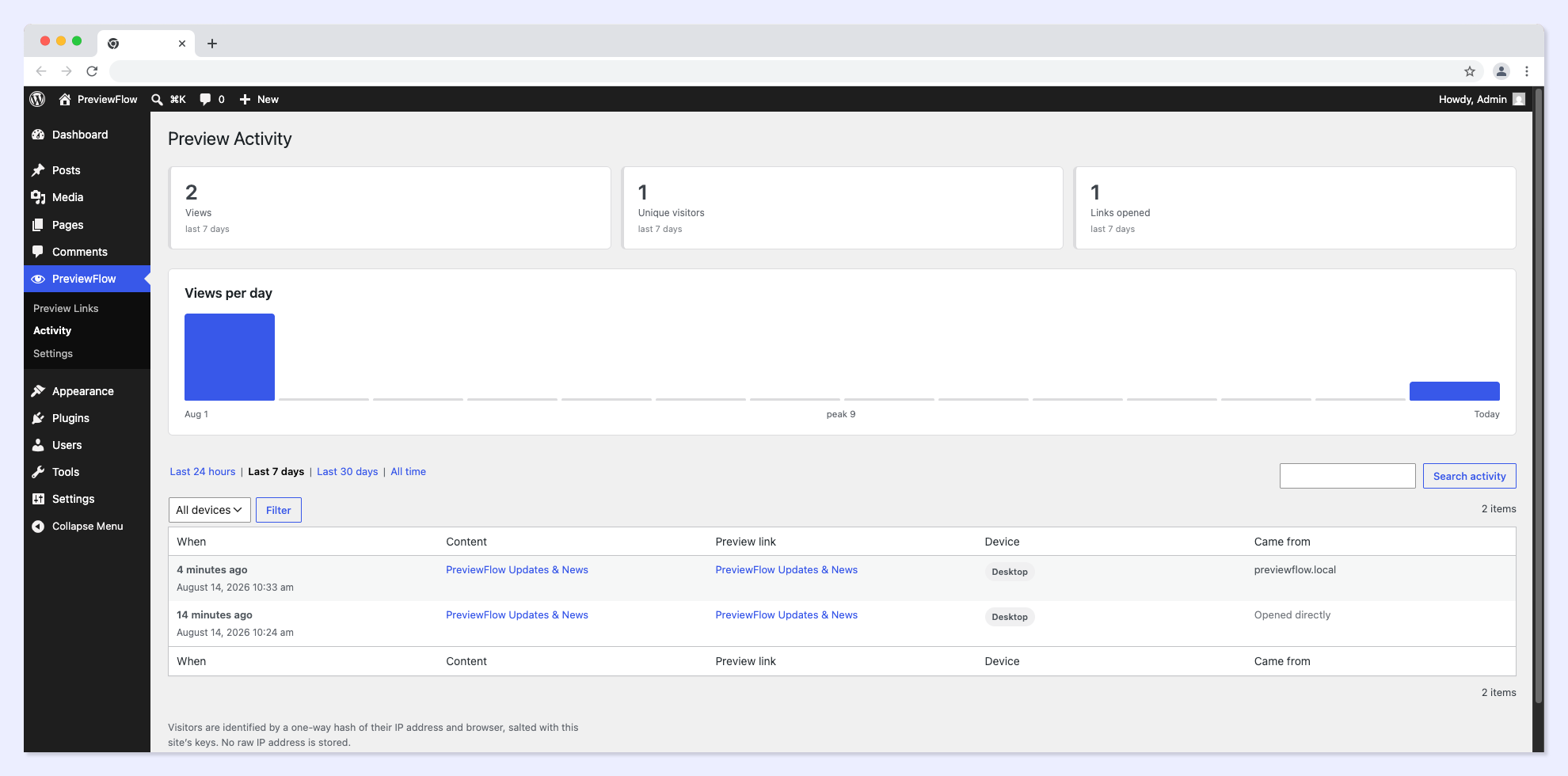 The activity screen with the daily views chart and full history.