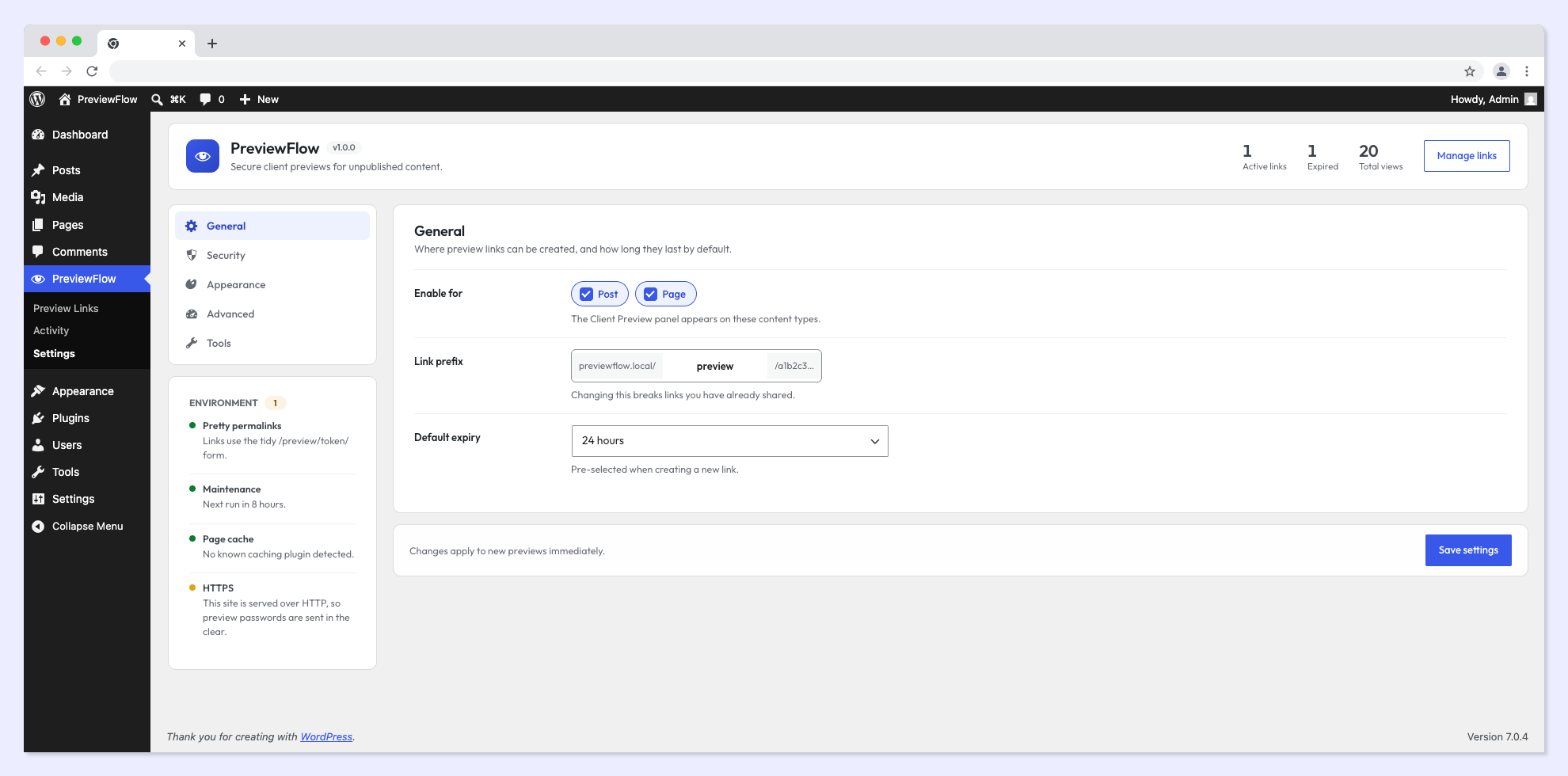 Settings (General) — manage your global default settings for preview links.
