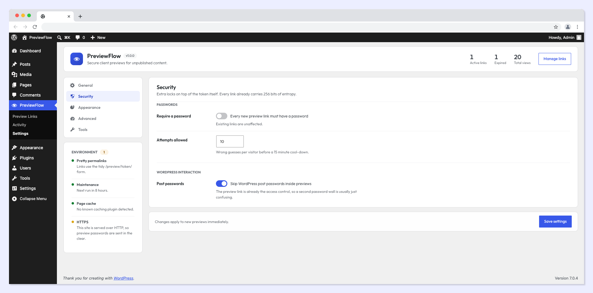 Settings (Security) — configure password defaults and rate limiting.