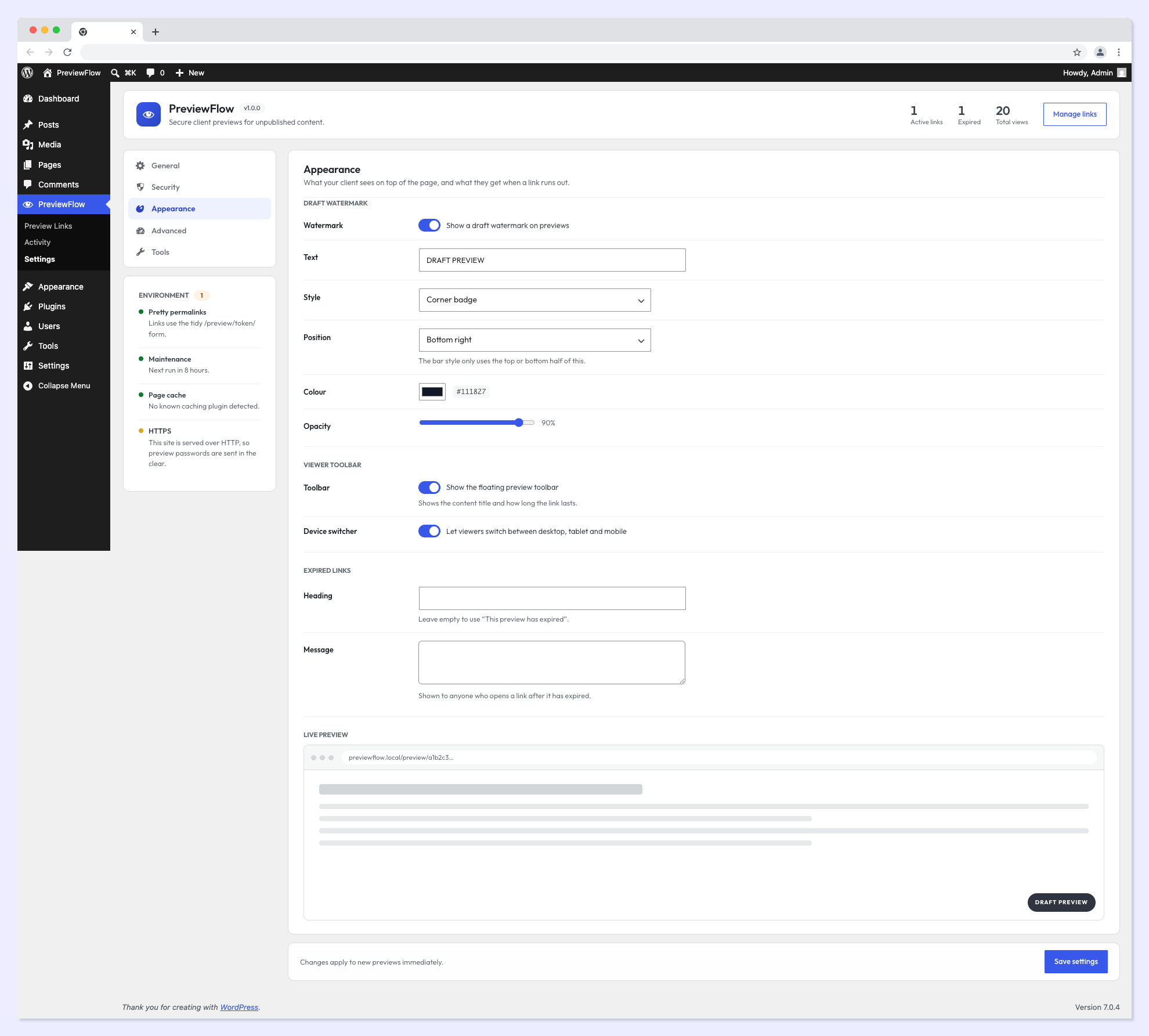 Settings (Appearance) — customise your draft watermark with a live preview.