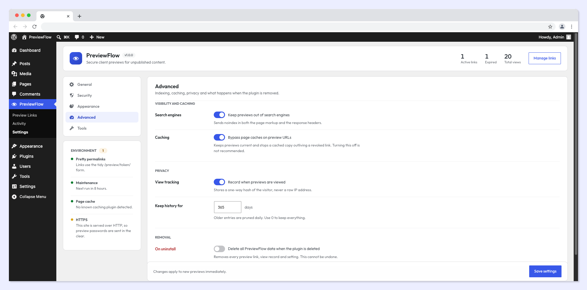 Settings (Advanced) — check environment status and advanced options.