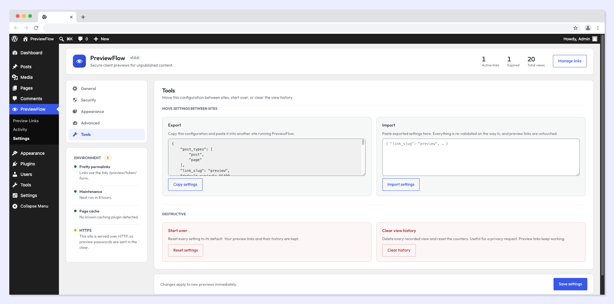 Settings (Tools) — export, import, reset, and clear view history.