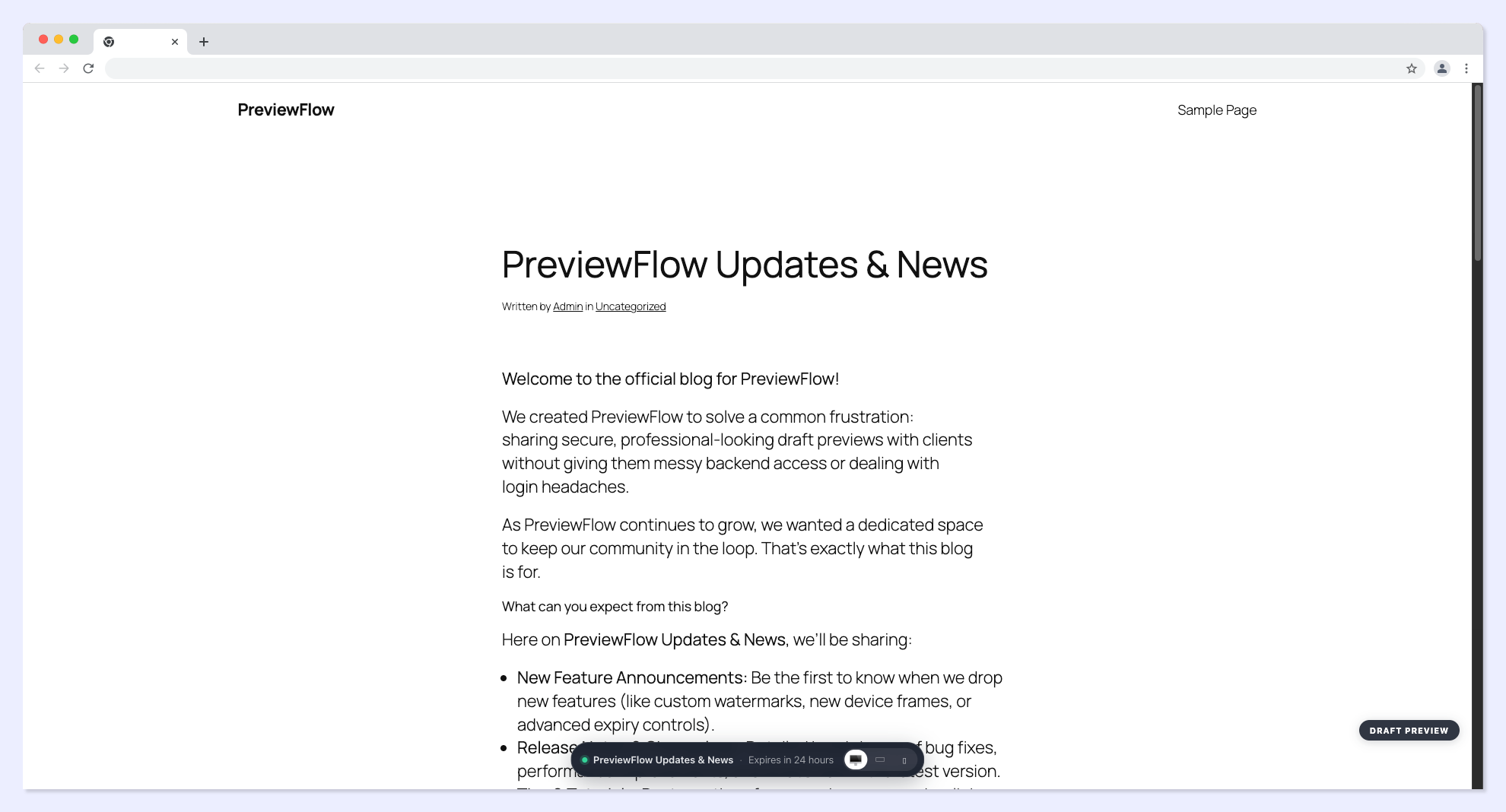 A preview as the client sees it, with the draft watermark and device switcher.