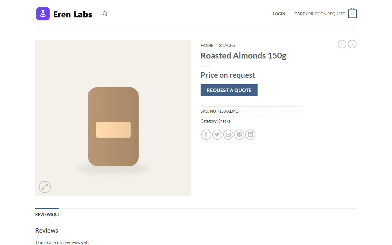 Prices are gone from the product page: "Price on request" and a Request a quote button take their place, and Add to cart is removed.