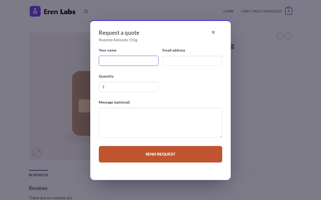 The quote request form opens in a modal — name, e-mail, quantity, message and any custom fields you add.