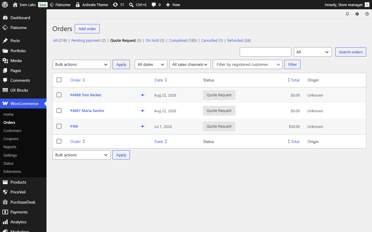 Requests land as Quote Request orders in the normal WooCommerce orders screen: HPOS-compatible and excluded from revenue and reports.