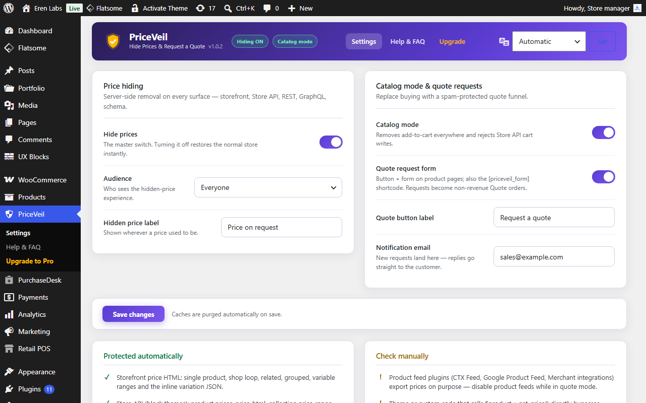 Settings: hide prices for everyone or for guests only, switch catalog mode on, and choose the button label and form fields.