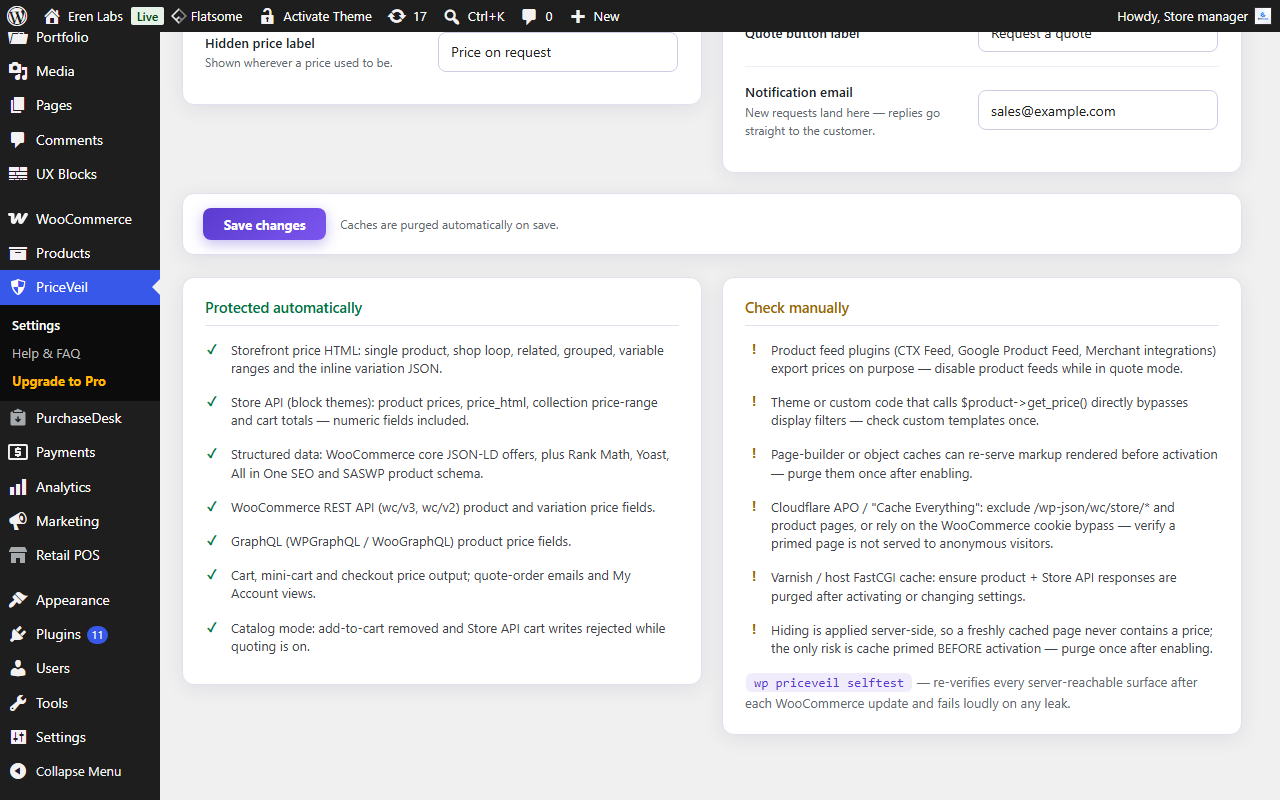 Honest coverage reporting — every surface the plugin protects automatically, and the few you should check yourself.