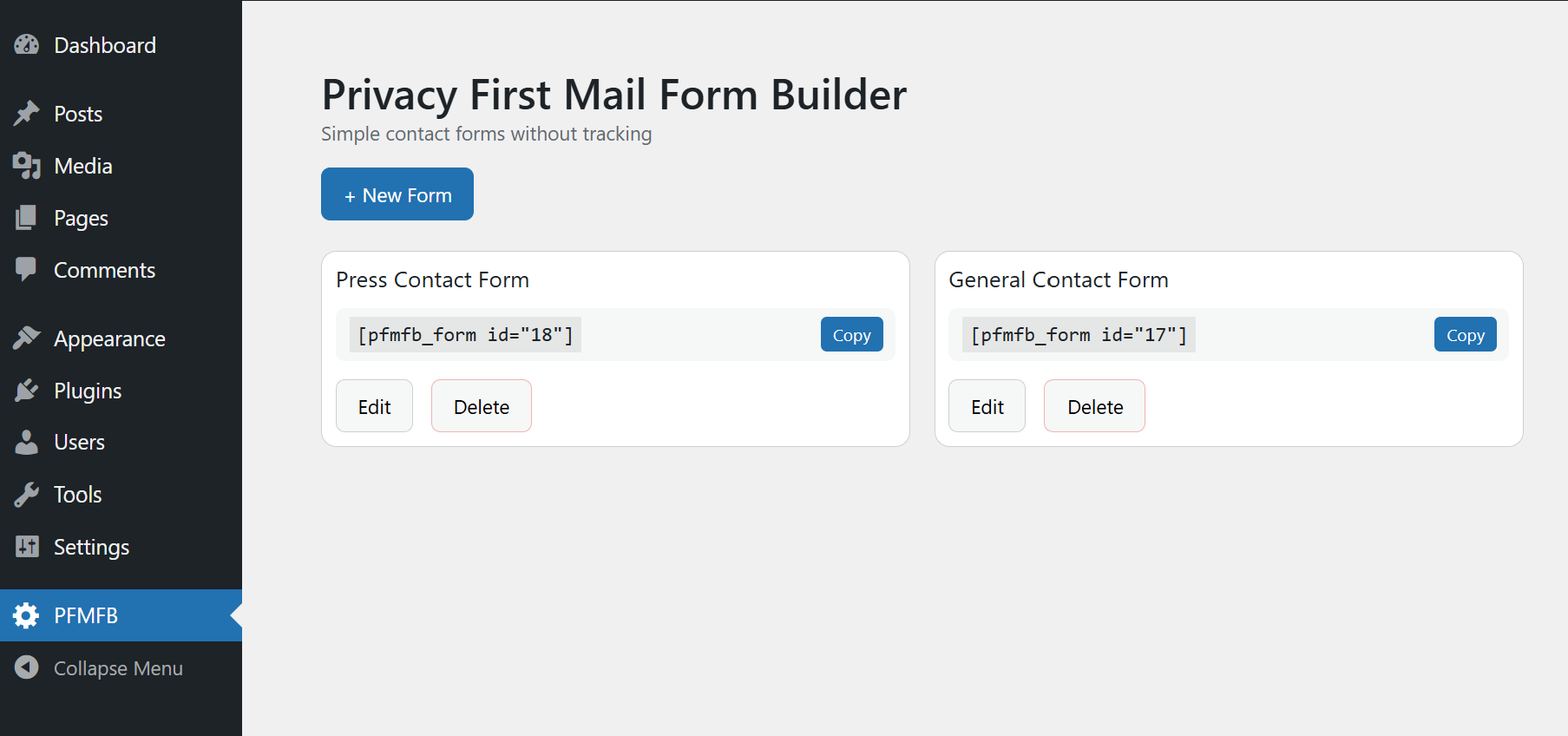 Forms overview interface in the admin panel