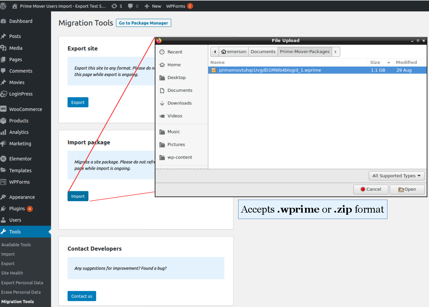 Restore package via browser upload