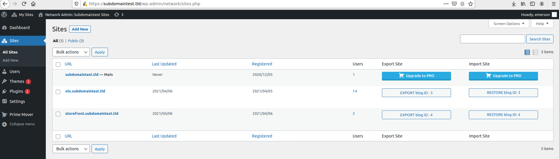 Export and restore package from Network Sites