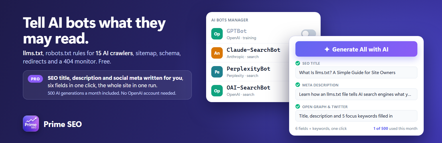 Prime SEO – AI SEO, LLMs.txt Generator, AI Bots Manager & AI Crawler Stats