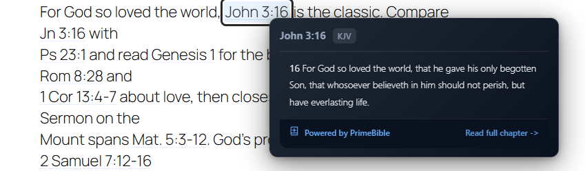 Bible references become instant previews — hover or tap any reference (here, John 3:16 in the KJV) to read the passage inline, without leaving the page.