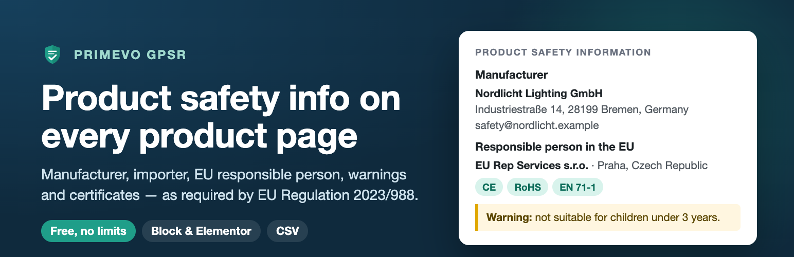Primevo GPSR Product Safety for WooCommerce