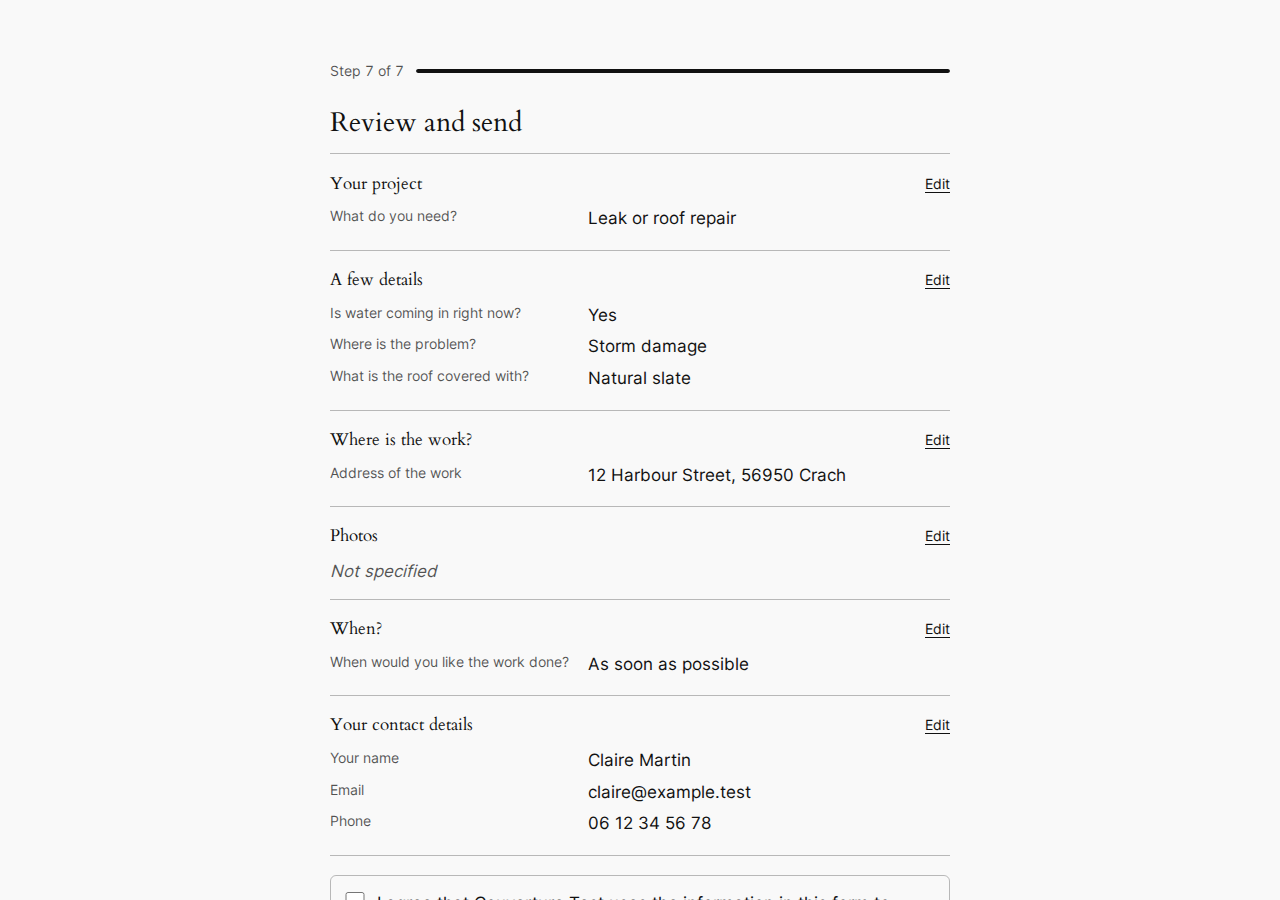 The review step: every answer, with a link back to each step, before sending.