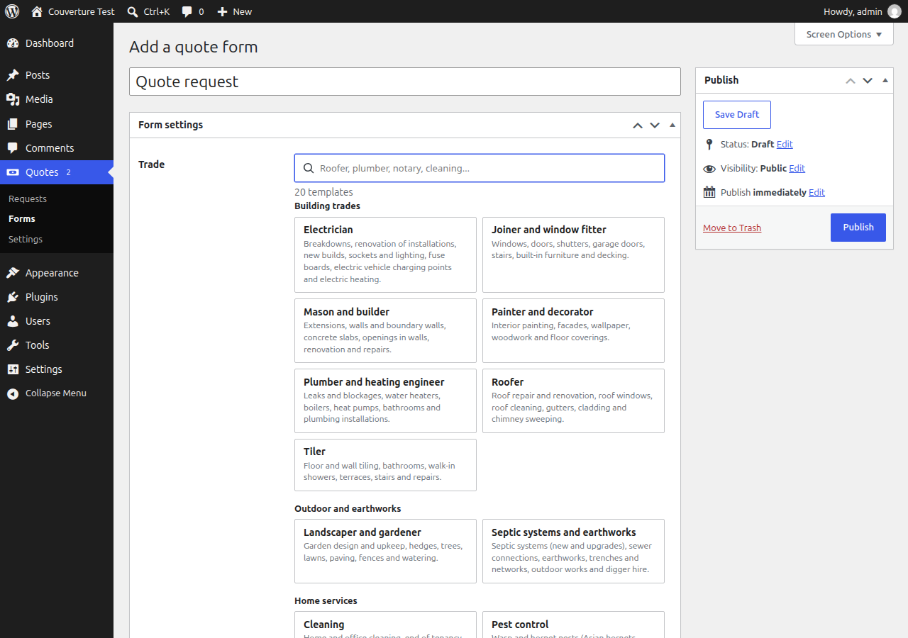 Creating a form: search a trade among twenty templates.