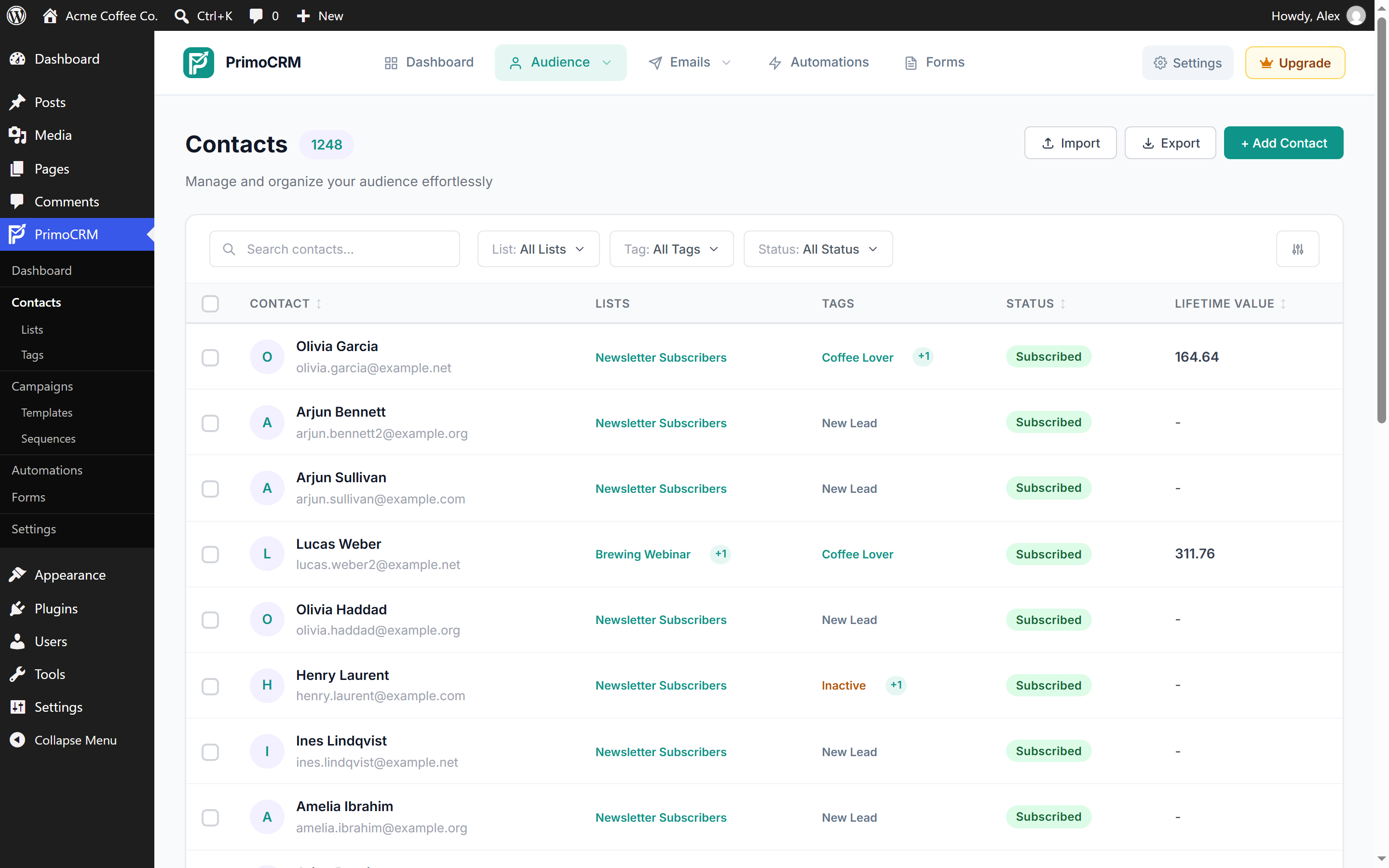 Contact management with lists, tags and segments.