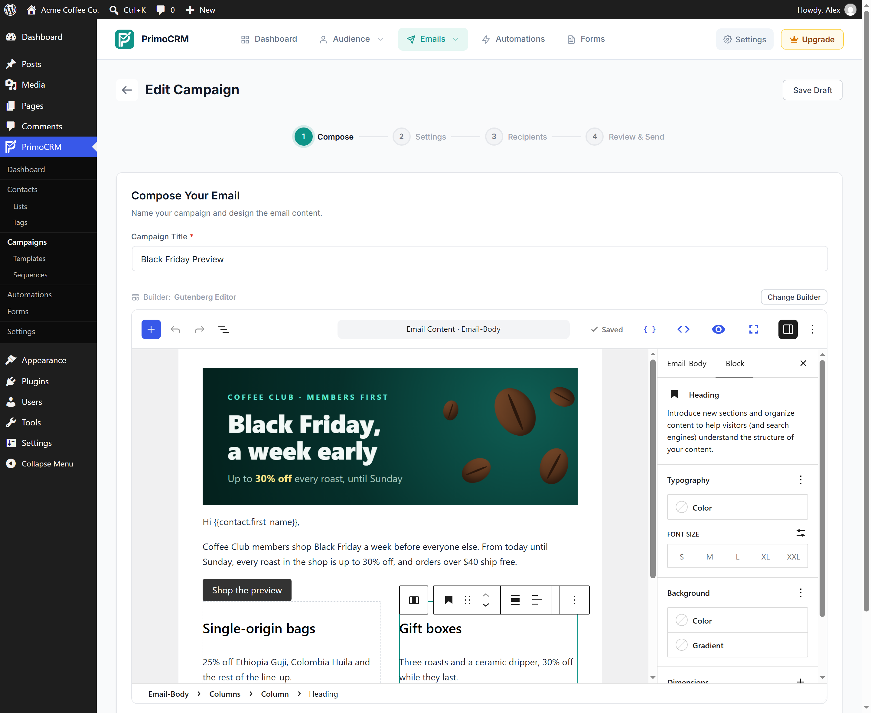 The campaign composer, with the email designed in the Gutenberg block editor.