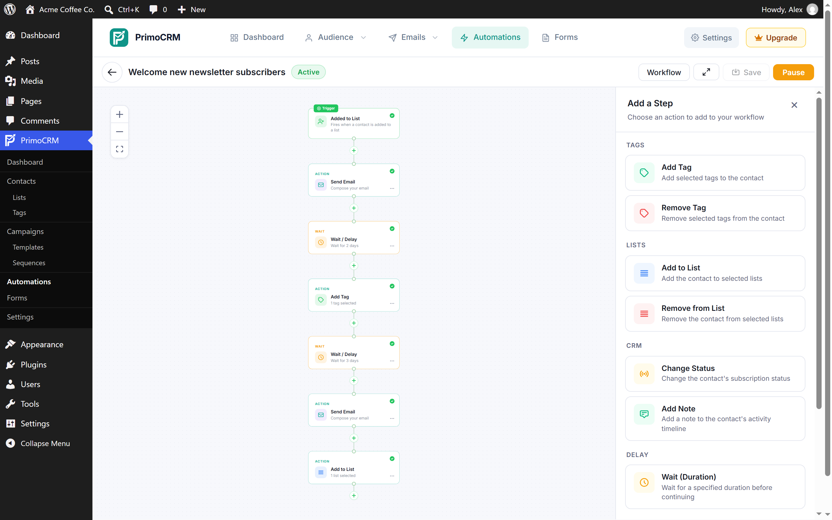 The visual automation builder, triggers and actions on a drag-and-drop canvas.