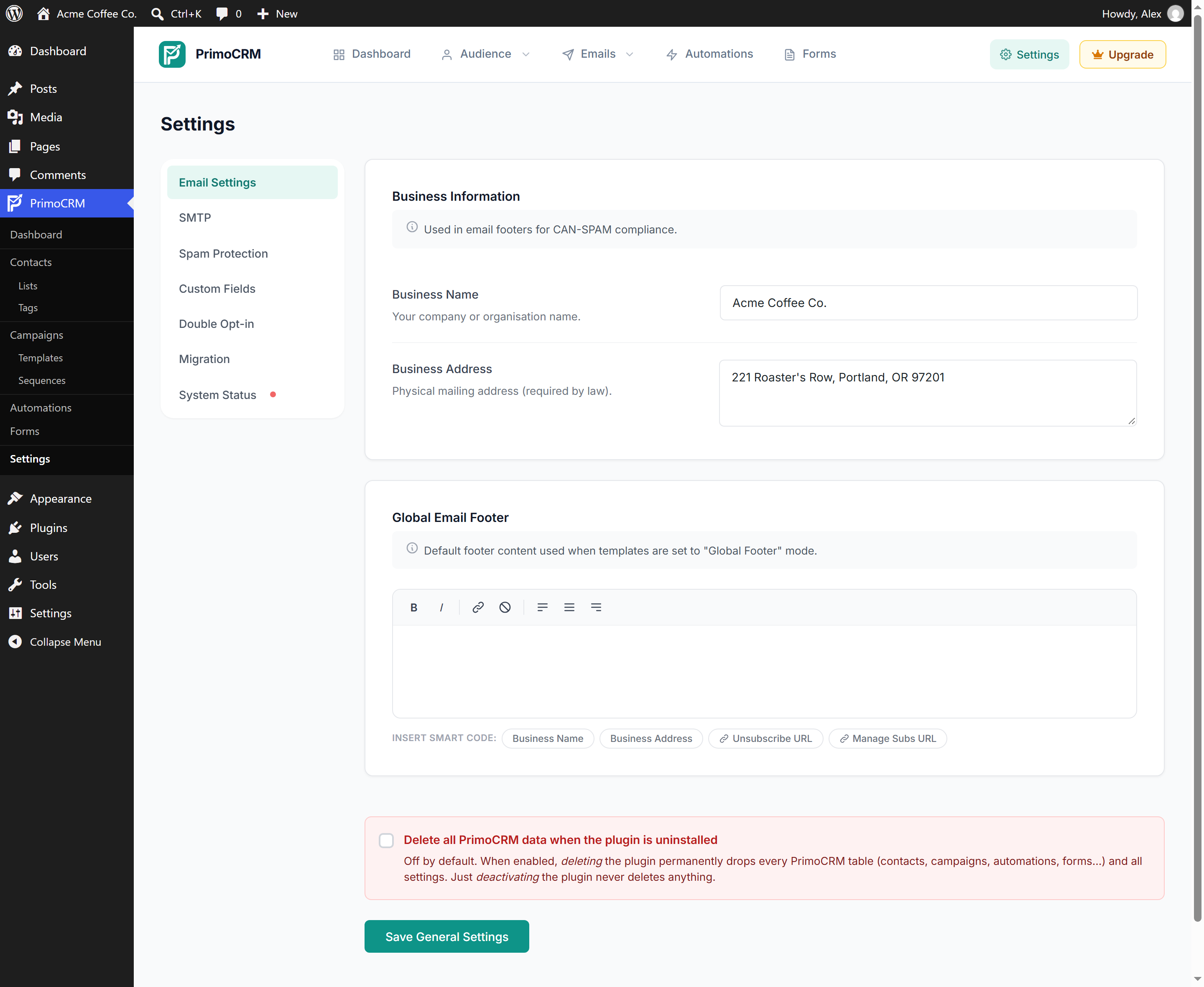 Settings, sending method, business details and the opt-in data-deletion control.